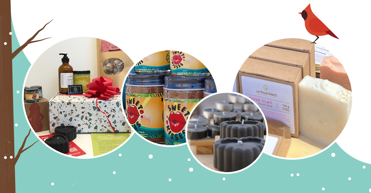 Photos of the ILEO gift box, Hot like Mari hot sauces, candles made by Isle of Ashteroth and soaps made by Untainted Bath and Body Care.