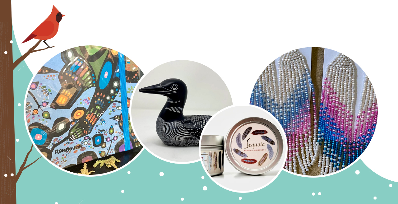 Items from Native Canadian Centre of Toronto’s Cedar Basket Gift Store or Indigenous Marketplace, including a painting, a sculpture of a loon, a candle and beaded earrings.