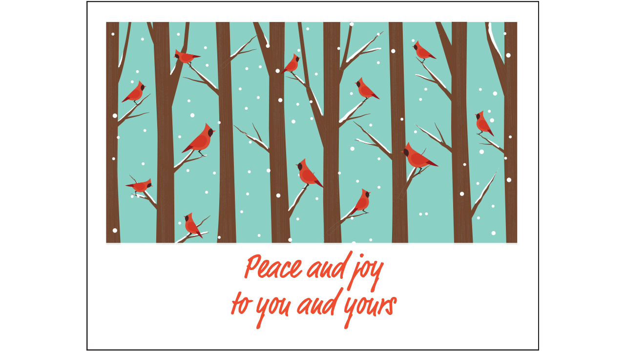The front of a United Way winter tribute card featuring an illustration of cardinals in a snowy winter scene. Copy reads: Peace and joy to you and yours. 