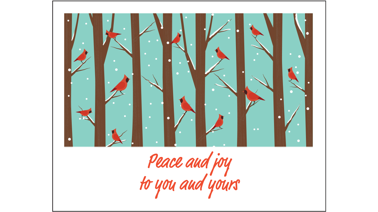 The front of a United Way winter tribute card featuring an illustration of cardinals in a snowy winter scene. Copy reads: Peace and joy to you and yours.