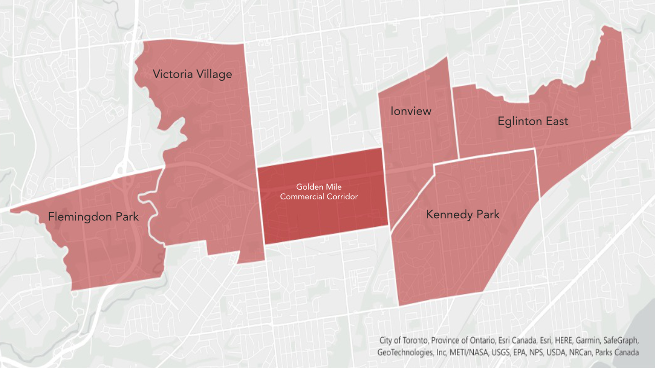 Map of the Golden Mile area outlining the neighbourhoods listed as part of the program.