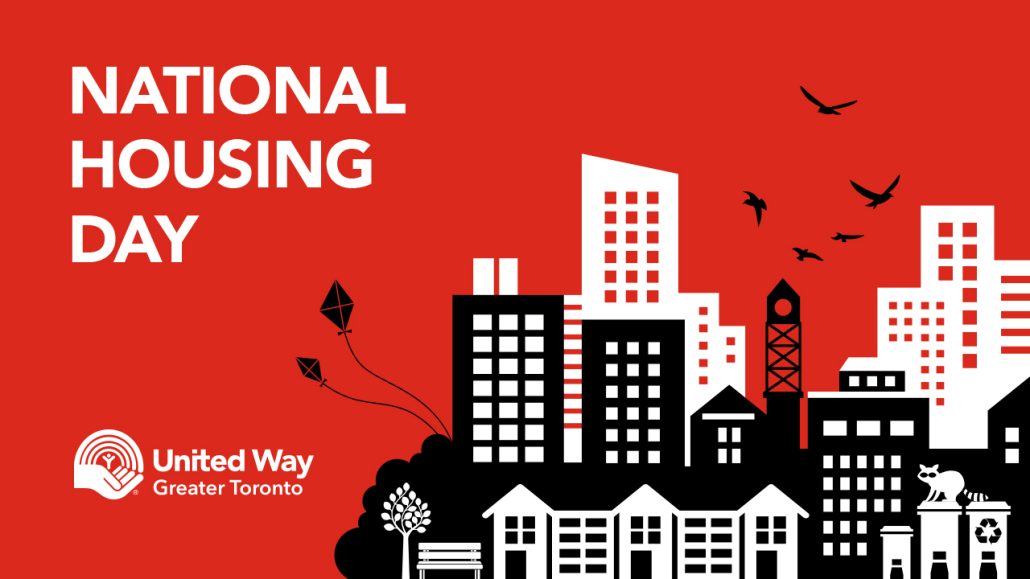 Illustration of an urban setting with the words 'National Housing Day'