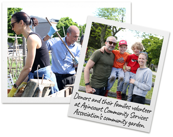 Volunteers at Agincourt Community Services Association’s community garden help to clean up the garden and pose with their kids in front of the garden