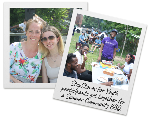 StepStones for Youth participants pose for photos around picnic tables at the Summer Community BBQ