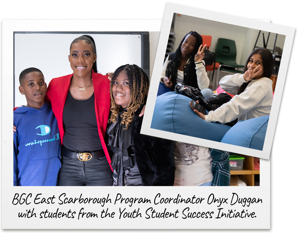 BGC East Scarborough Program Coordinator Onyx Duggan poses with students in a photo; students pose together on bean bags and give the peace sign to the camera