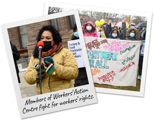 A speaker dressed in warm clothing stands in front of a microphone at a demonstration; members of Workers’ Action Centre hold up a large sign at a demonstration