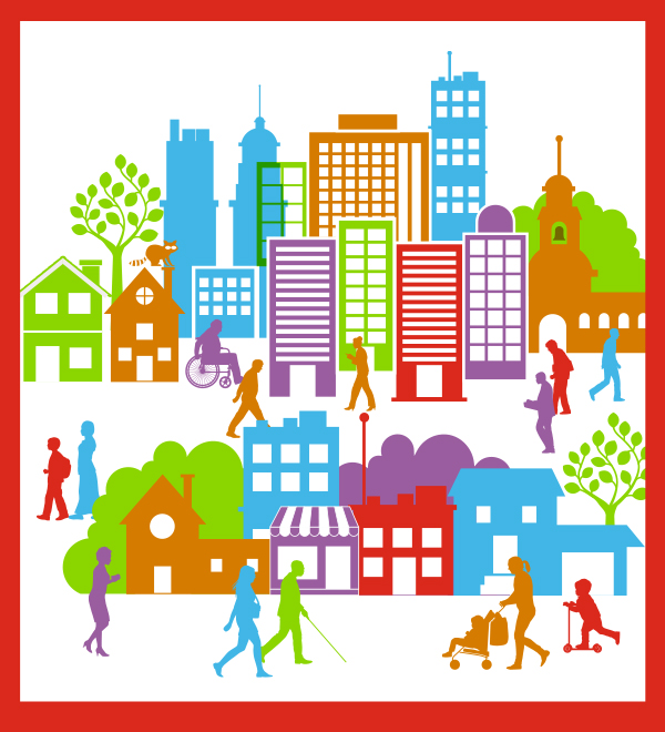Illustration of people walking in a city