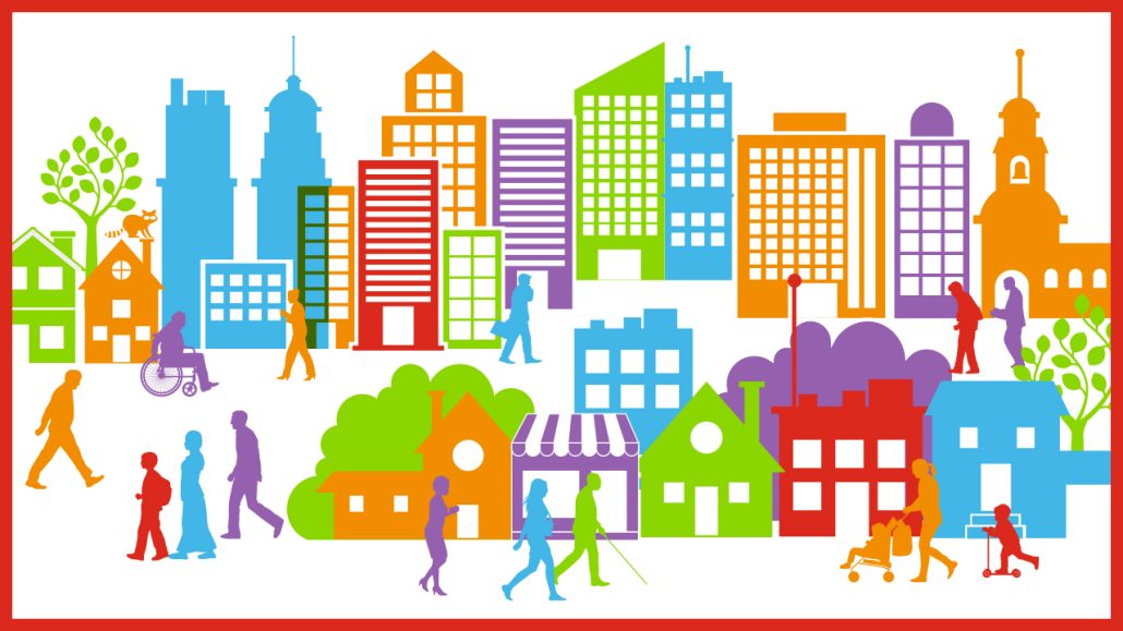 Multicoloured illustration of a city scape with pedestrians from United Way's Building Inclusive Communities report. 