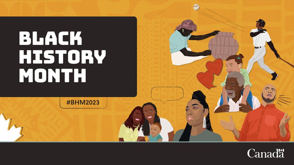 Black History Month graphic featuring golden yellow background and 13 individuals from diverse Black communities depicting various forms of storytelling