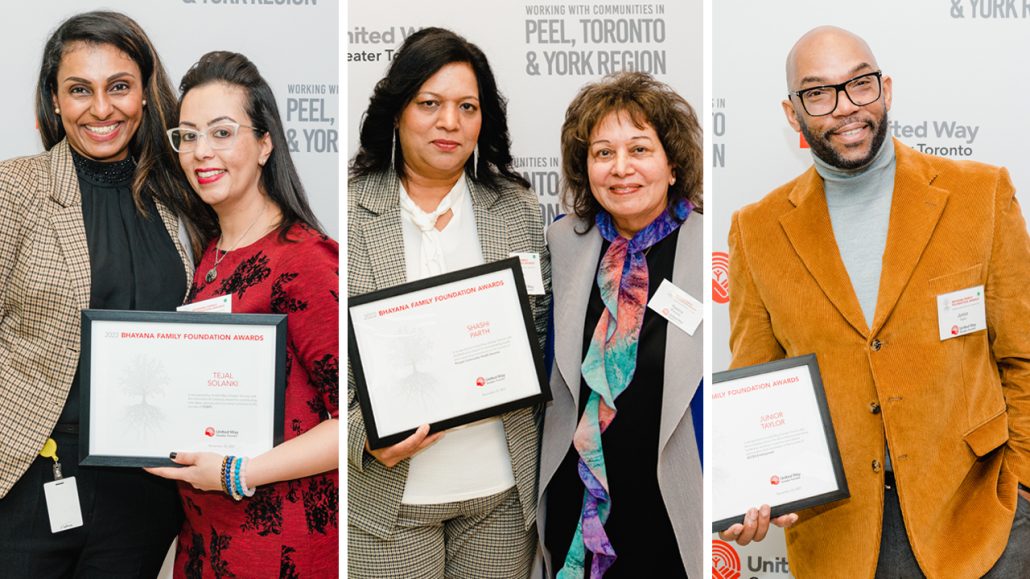 Photo collage of Shashi Parth, Tejal Solanki and Junior Taylor accepting their 2022 Bhayana Family Foundation Awards