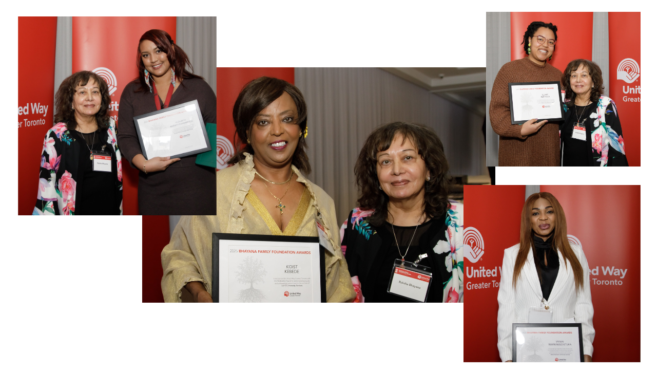 Photo collage of Shashi Parth, Tejal Solanki and Junior Taylor accepting their 2022 Bhayana Family Foundation Awards