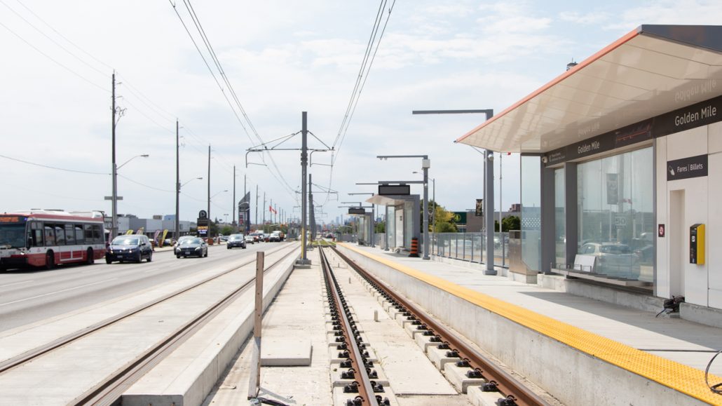 Photo of a Eglinton Crosstown LRT stop under construction in the Greater Golden Mile