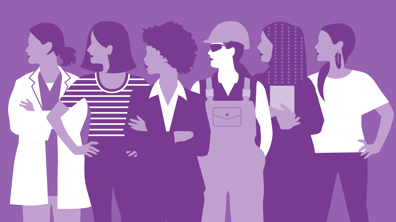 Illustration of six women of different ethnic backgrounds dressed for different professions, including a doctor, business person and construction worker. 