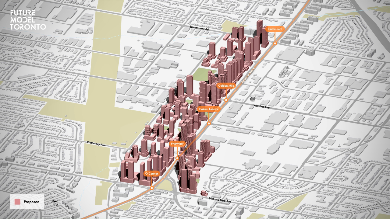 3D visualization of proposed Golden Mile developments along Eglinton Avenue.