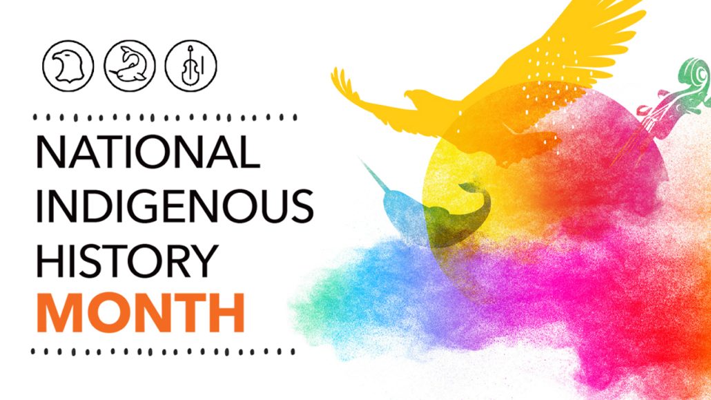 A white background with “National Indigenous History Month” written out with 3 illustrations: an eagle representing First Nations, a narwhal representing Inuit, and a violin representing Métis. These illustrations are placed around the sun and surrounded by multicoloured smoke that represents Indigenous traditions, spirituality, inclusion and diversity.