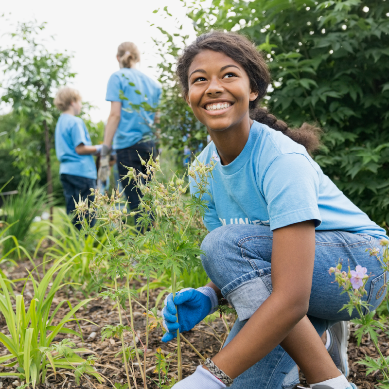 Young people working in a community garden.