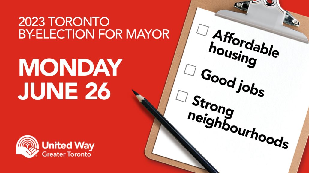 A graphic with a red background with the words '2023 Toronto By-Election for Mayor, Monday, June 26' in white. The United Way Greater Toronto logo is in the bottom left corner. To the right is a graphic of a clipboard with a checklist on it with boxes for 'affordable housing,' 'good jobs,' and 'strong neighbourhoods.'