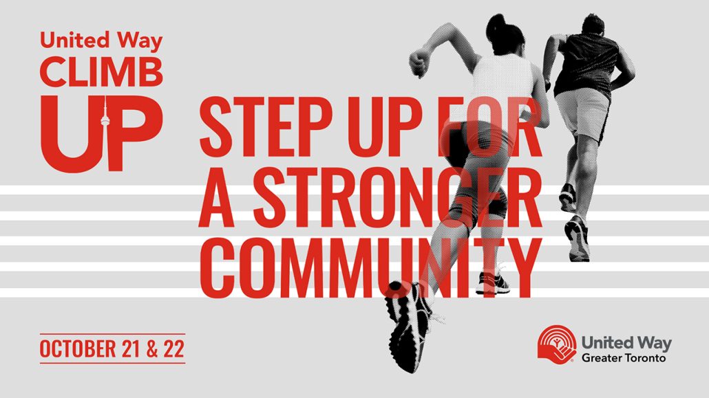 Graphic image of two people running up steps with the words ‘Step up for a stronger community’ and the United Way ClimbUP logo