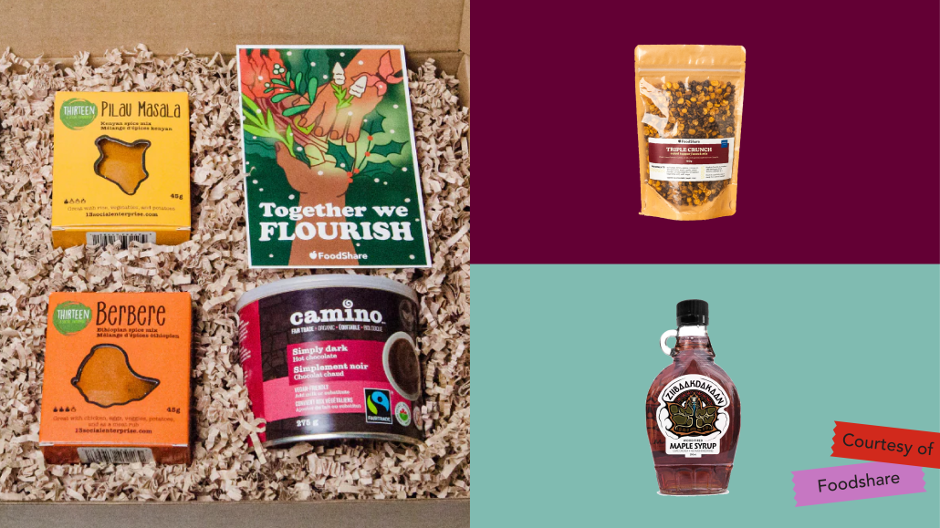 A Collage of different food items that include maple syrup, hot chocolate, and snack mix