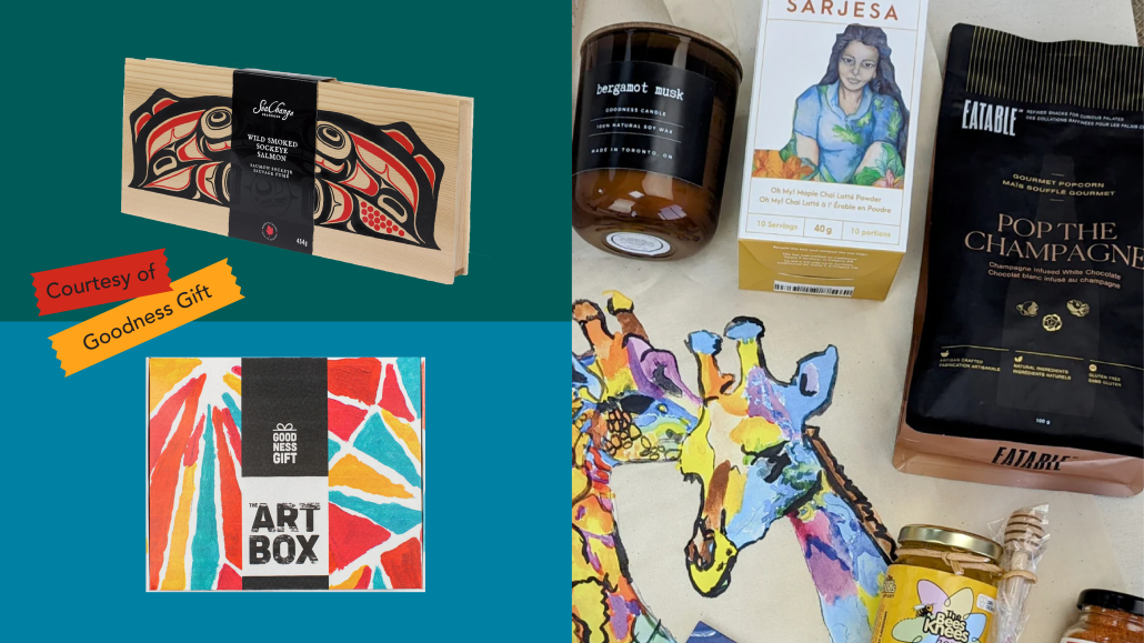 A collage of items that include a candle, art box, and gourmet popcorn