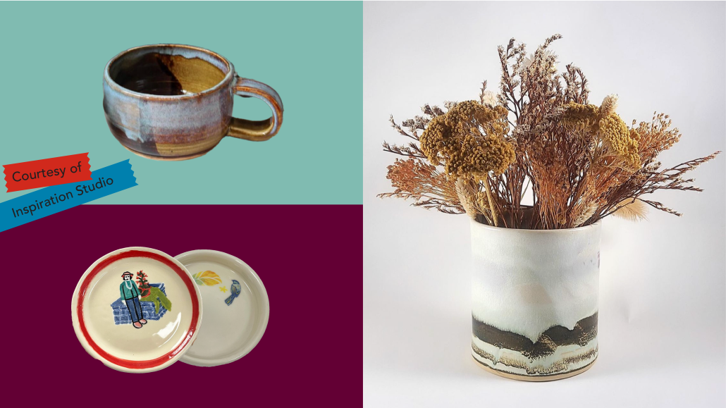A collage of items that include a cup, plates, and a plant