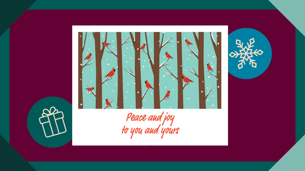 United Way's seasonal greeting card that reads "Peace and joy to you and yours"