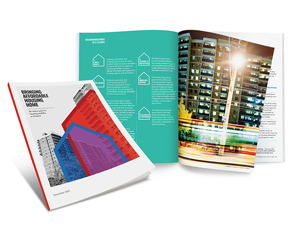 A graphic depicting the front cover and an open copy of the “Bringing Affordable Housing Home” report.