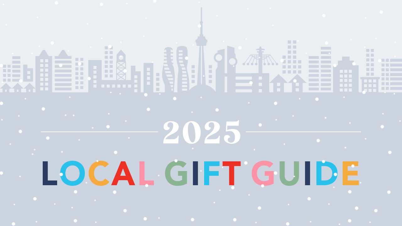A graphic of the Toronto skyline with snow falling and the the words '2025 Local Gift Guide' written on top.