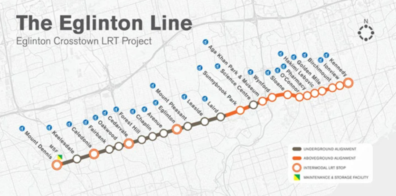 Map of the present Eglinton Crosstown Line