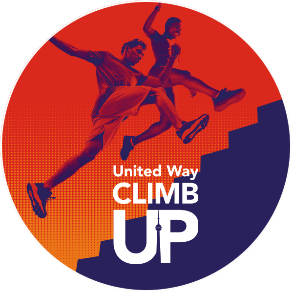 Two people wearing athletic clothes leap up a staircase.
