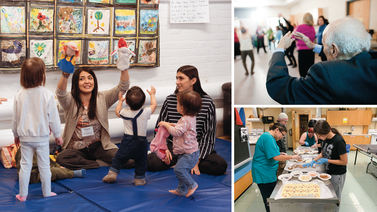 Photo collage showing woman playing with puppets in front of children, seniors exercising and people cooking