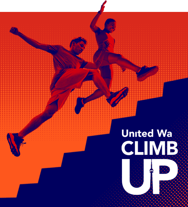 Two people wearing athletic gear leap up a staircase. The image has a red tone, and the United Way ClimbUP logo is in the bottom right corner. 