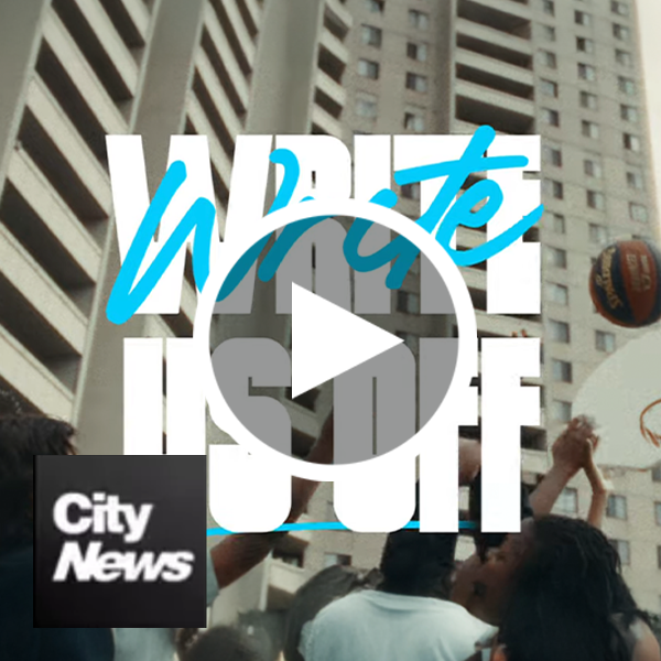 A still from a video showing towering apartment buildings with the words “Write Us Off” written in white over top and the City News logo in the bottom left corner. 