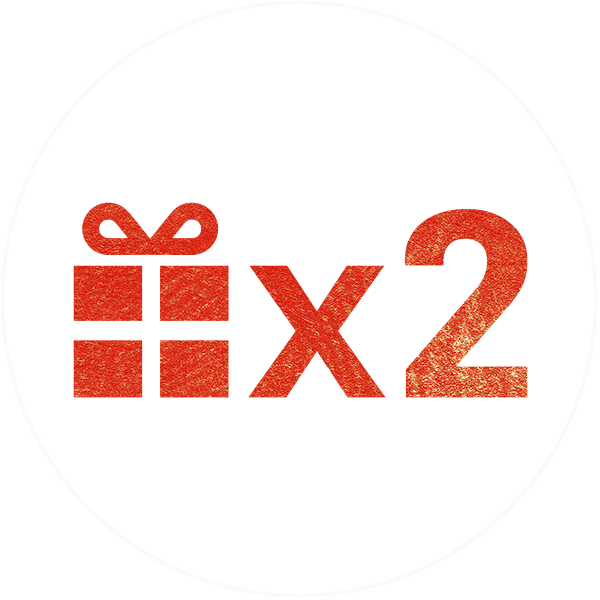 Red graphic showing an icon of a wrapped present, an ‘x’ representing ‘times’, and a number two to represent donations will be matched 