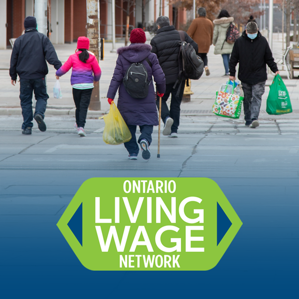 A photo of people walking on the street carrying bags, with the Ontario Living Wage Network logo in green and white