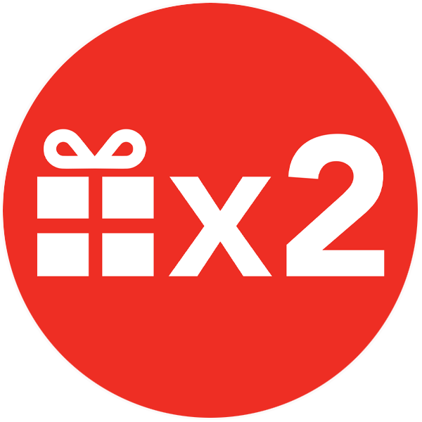 A red circle with a graphic of a present and “times two” next to it.