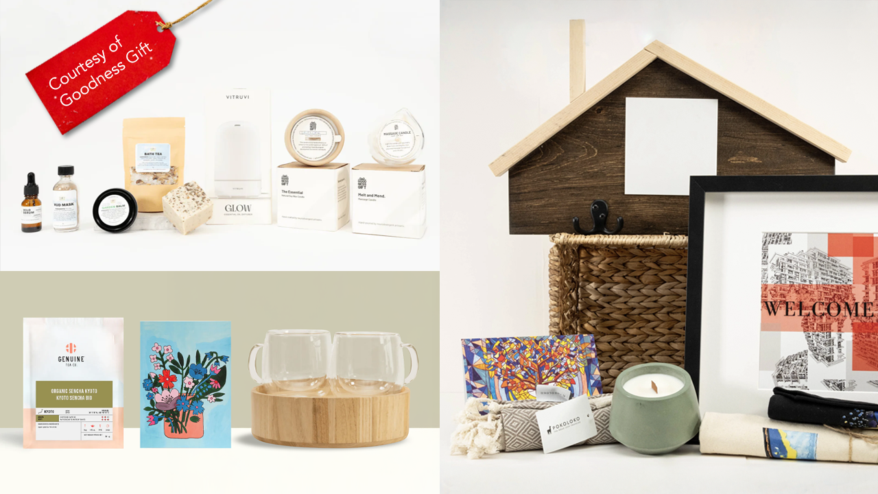 Collage of three photos showing skincare products, a set of mugs with tea, and a giftbox with a wooden house, art, a candle, and fabric with a red gift tag icon with white text that says "Courtesy of Goodness Gift"