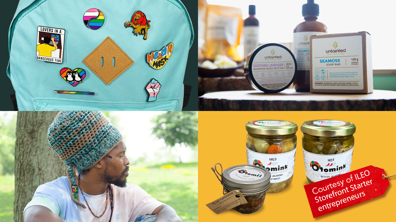 Collage of four photos showing a backpack with pins, personal care items, a black man wearing a rasta crown in a park, and pickled vegetables in jars with a red gift tag icon with white text that says "Courtesy of ILEO Storefront Start entrepreneurs"