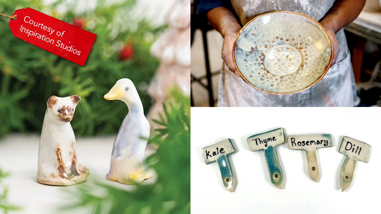 A collage of three photos showing pottery cat and duck figurines, a bowl, and signposts for Kale, Thyme, Rosemary, and Dill with a red gift tag icon with white text that says "Courtesy of Inspiration Studios"