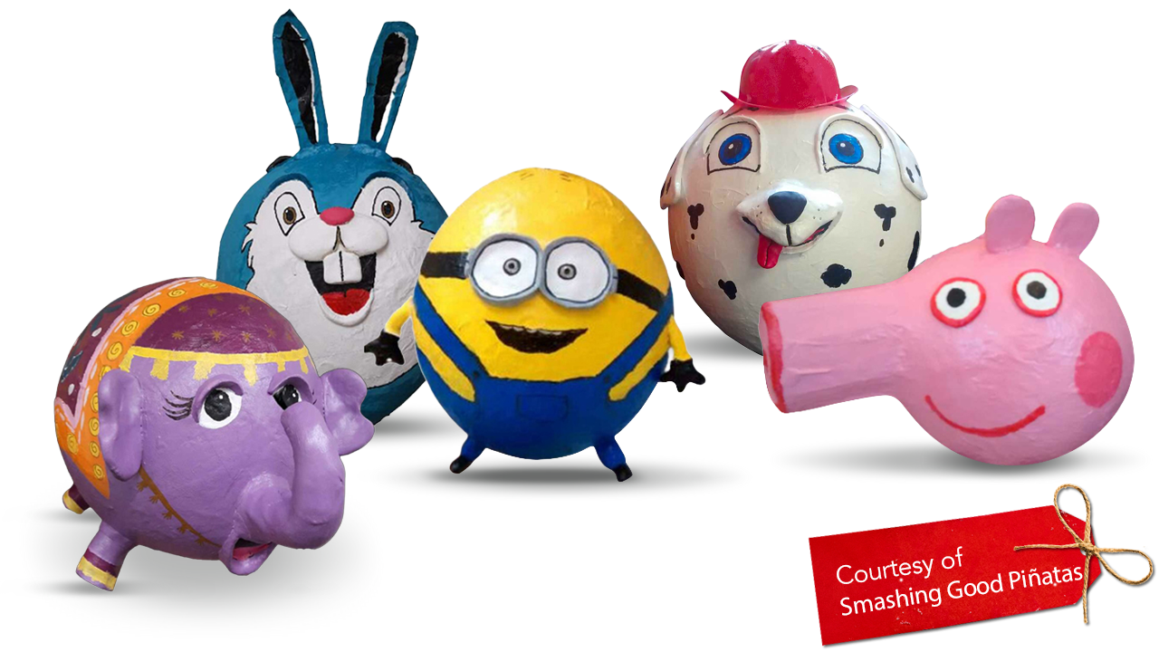 Five pinatas, from left to right: purple elephant, blue bunny, minion character, dalmation with a firehat, and peppa pig with a red gift tag icon with white text that says "Courtesy of Smashing Good Pinatas"