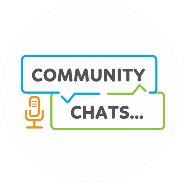 Blue speech bubble with the word “Community” intersects with a green speech bubble with the word “Chats...” with an orange microphone graphic in the bottom left corner