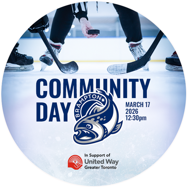 Promotional graphic for Community Day featuring event information and the Brampton Steelheads logo over a hockey game photo.