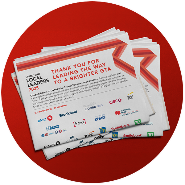 Graphic of flyers on a red background with text reading: “Thank you for leading the way to a brighter GTA” and Top Supporter logos