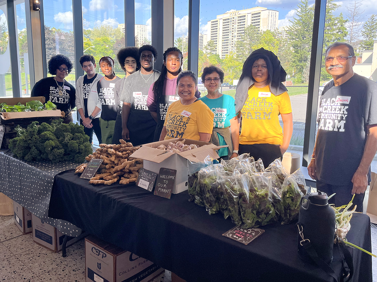 Volunteers from Black Creek Community Farm stand behind a able filled with produce they grew at a market in the Jane Finch neighbourhood.