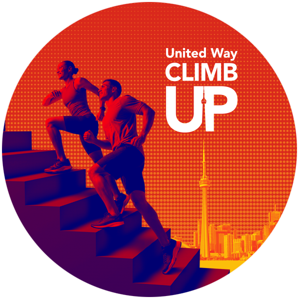 Circle shaped photo of a blue, red, yellow and white graphic showing two people climbing stairs with the CN Tower and Toronto skyline in the background.