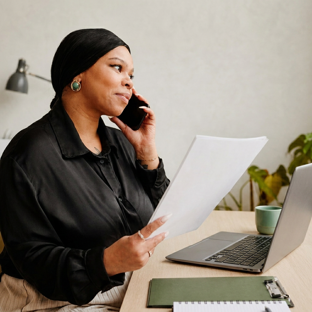 Woman on phone with laptop in front of her