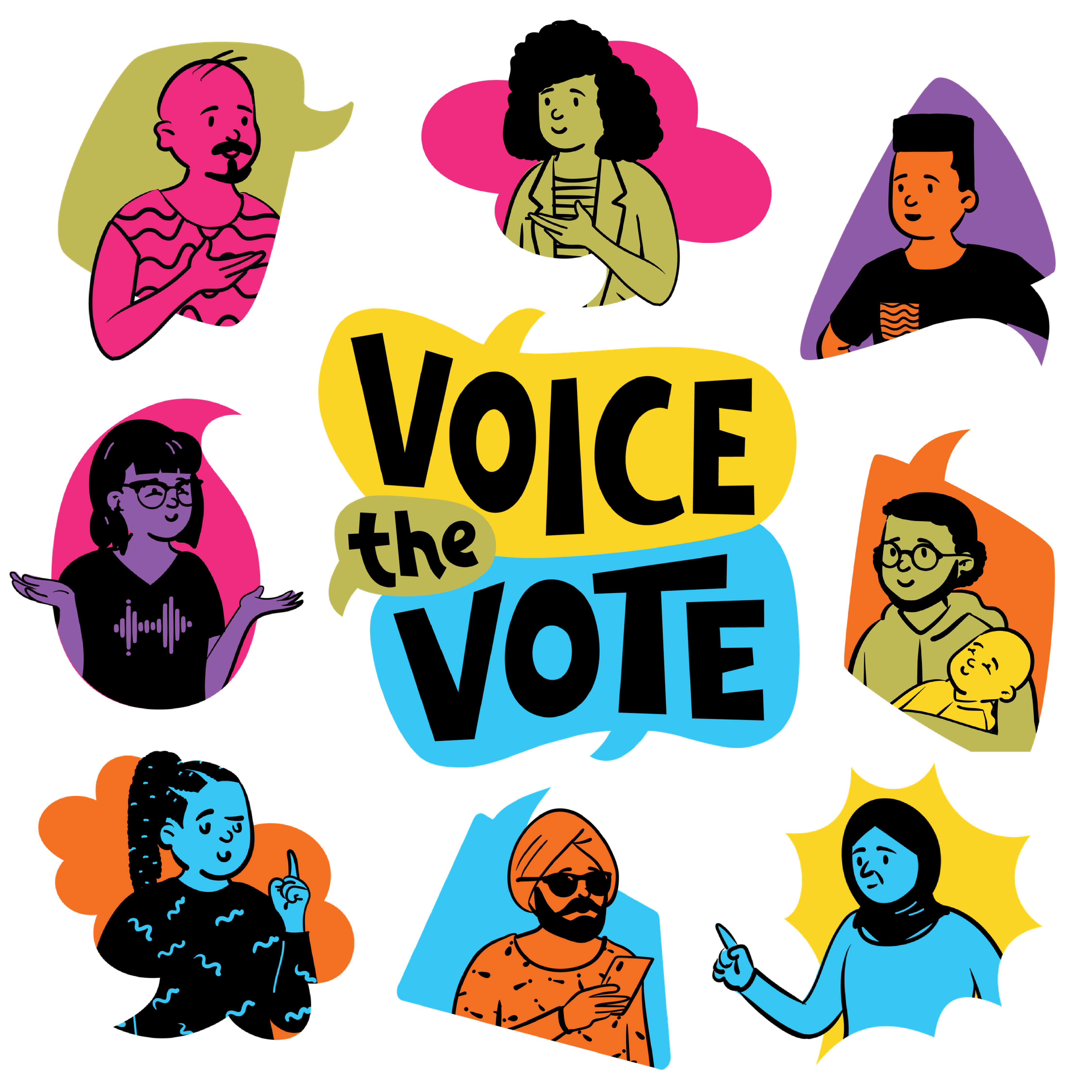 Illustrated graphic with the text “Voice the Vote” at the centre, surrounded by seven colourful portraits of community members.