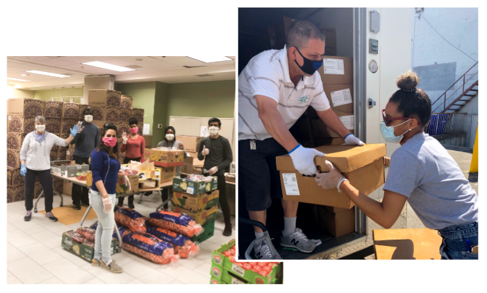 People wearing masks and working at a foodbank during COVID crisis