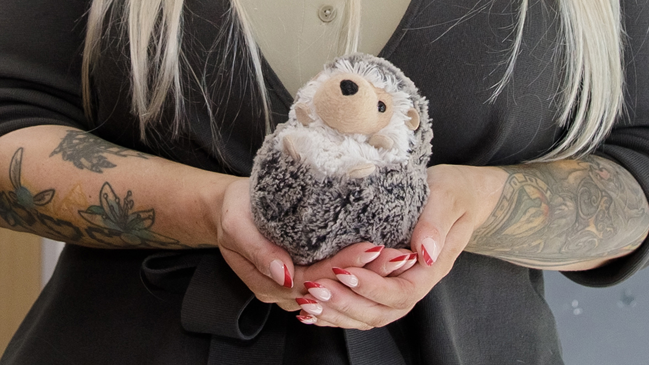 Erica holds a plush hedgehog toy in her hands like the one she gave Kayleigh.